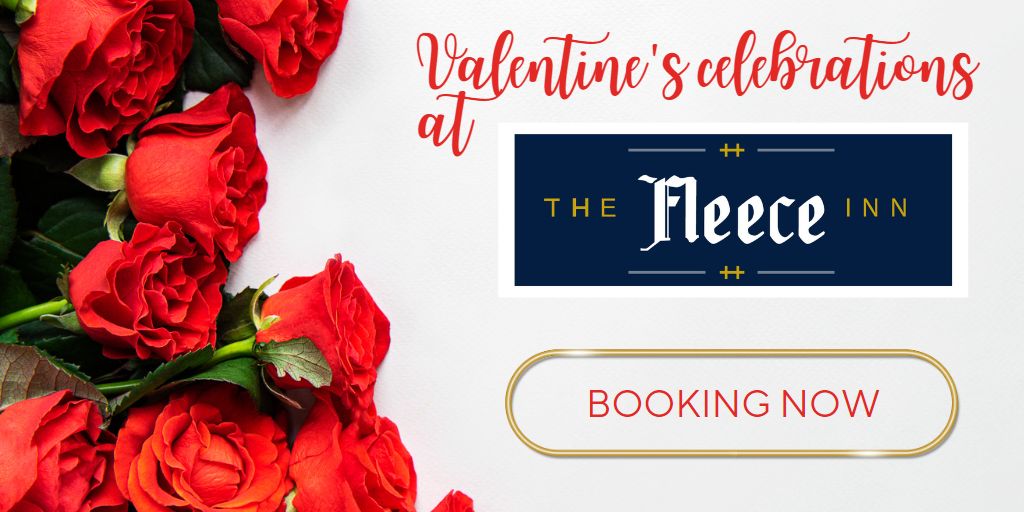 a graphic promoting Valentine's Day at The Fleece Inn with red roses on a white background